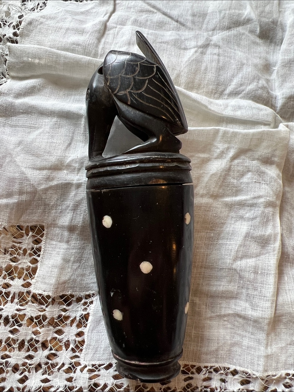Vintage Hand Carved Animal Horn W/White Bone Inlay bird Trinket box